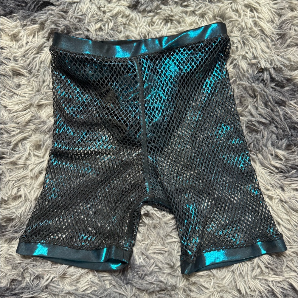 High-Waist Black Mesh Overlay Shorts with Teal Shine
